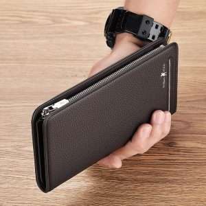 William POLO Male Genuine Leather Trifold Wallet Mobile Phone Bag Zipper Purse Handbag Brown
