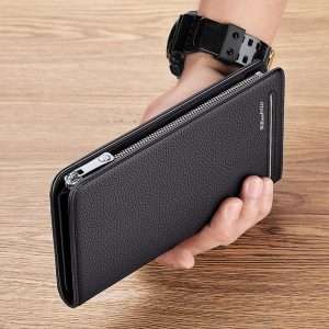 William POLO Male Genuine Leather Trifold Wallet Mobile Phone Bag Zipper Purse Handbag Black