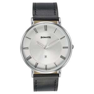 Sonata Quartz Analog with Date Silver Dial Black Leather Strap Watch For Men - 77142SL01