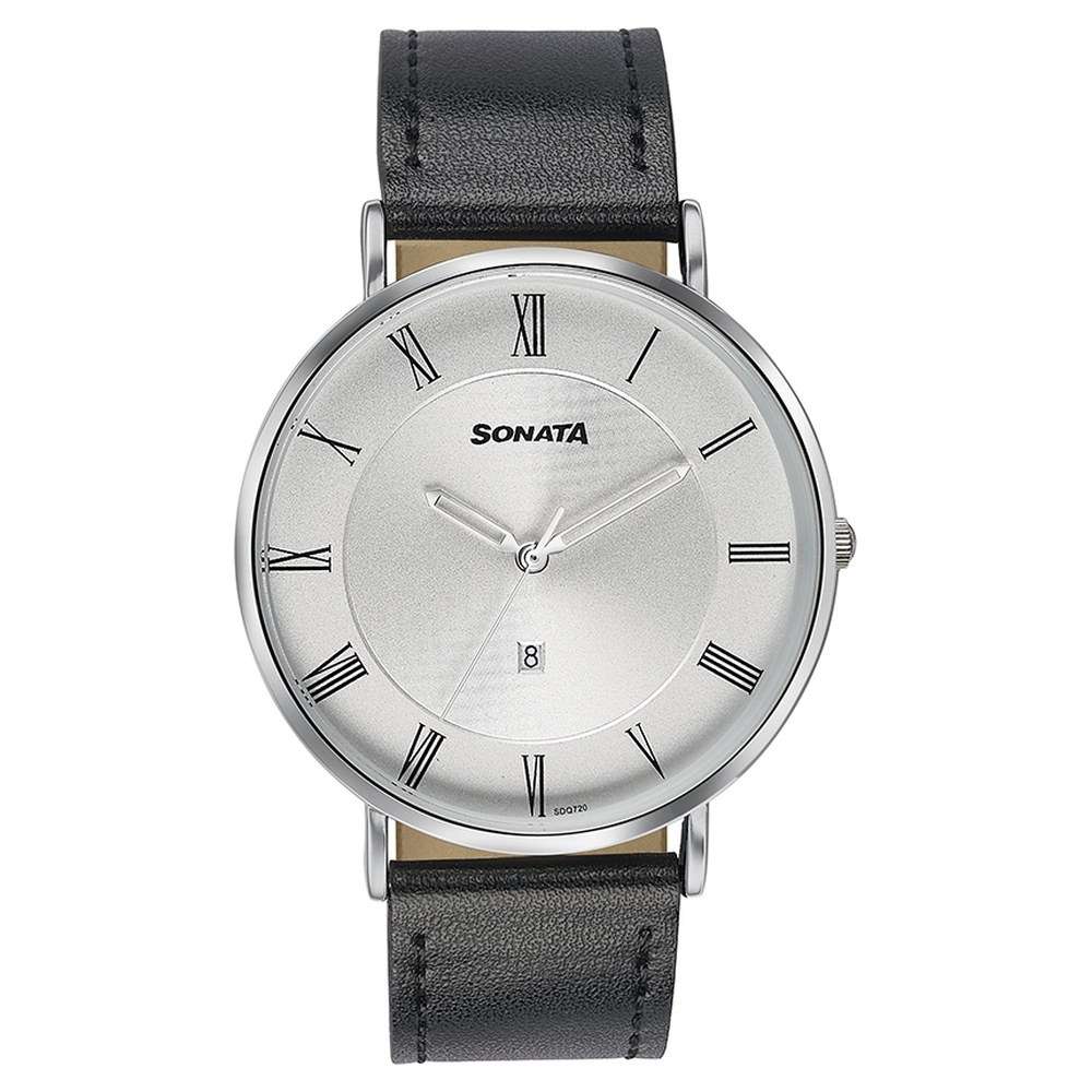 Sonata Quartz Analog with Date Silver Dial Black Leather Strap Watch For Men - 77142SL01