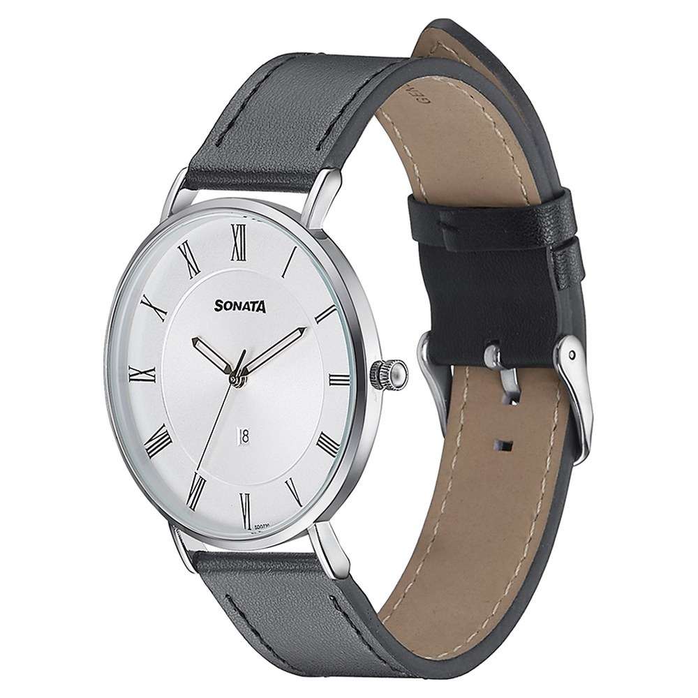 Sonata Quartz Analog with Date Silver Dial Black Leather Strap Watch For Men - 77142SL01 - Image 2