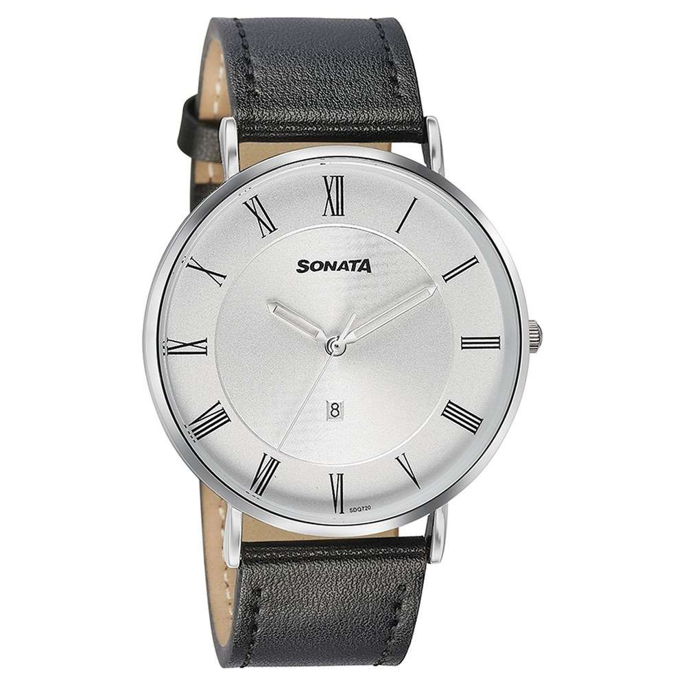 Sonata Quartz Analog with Date Silver Dial Black Leather Strap Watch For Men - 77142SL01 - Image 3