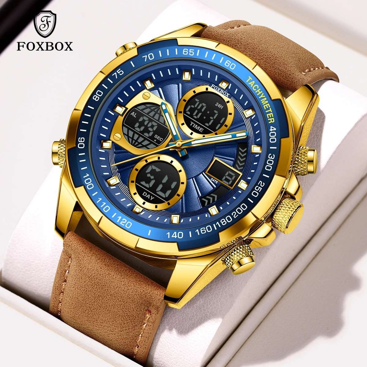 Foxbox Blue Analog Digital Electronic Leather Fashion Luxury Casual Sports Waterproof Men's Watches