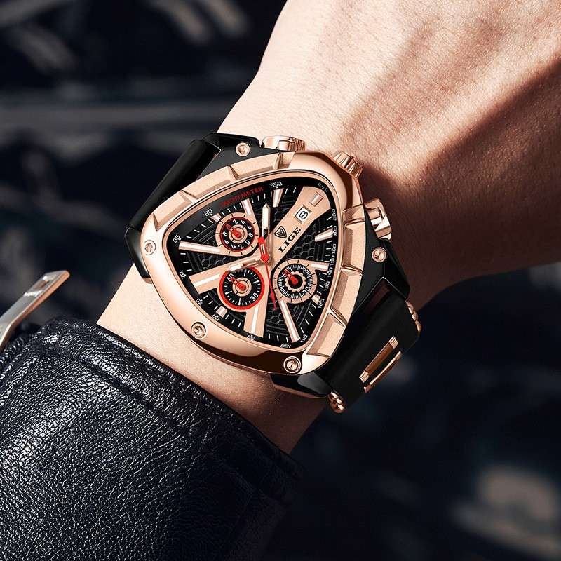 LIGE 89103 Luxury Triangular Dial Chronograph Sports Silicone Wrist Watch for Men - Image 3