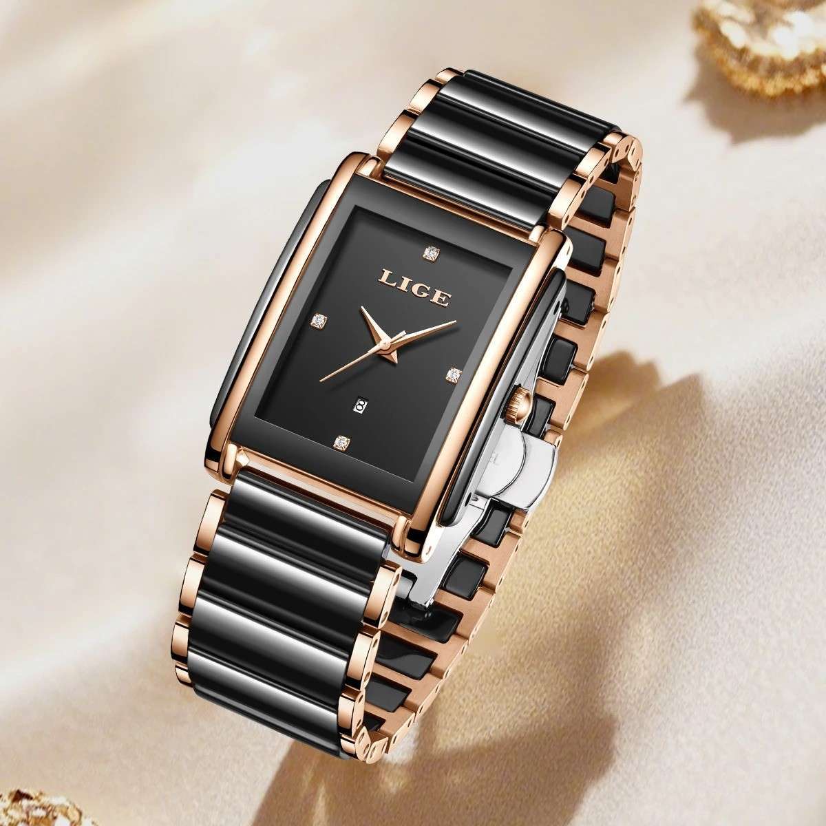 LIGE-89156 Black Watch Waterproof Fashion Creative Square Siramic Watch - Image 3