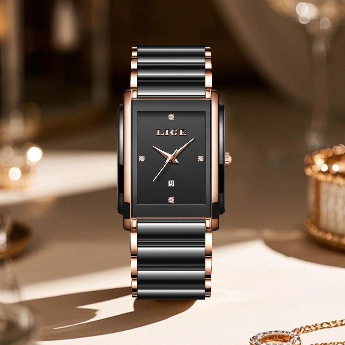 LIGE-89156 Black Watch Waterproof Fashion Creative Square Siramic Watch - Image 4