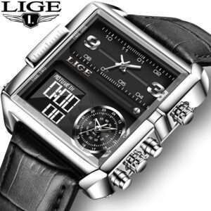 LIGE 8925 Top Brand Luxury Mens Watches Square Digital Sports Quartz Wrist Watch for Men Waterproof Stopwatch Relogio Masculino