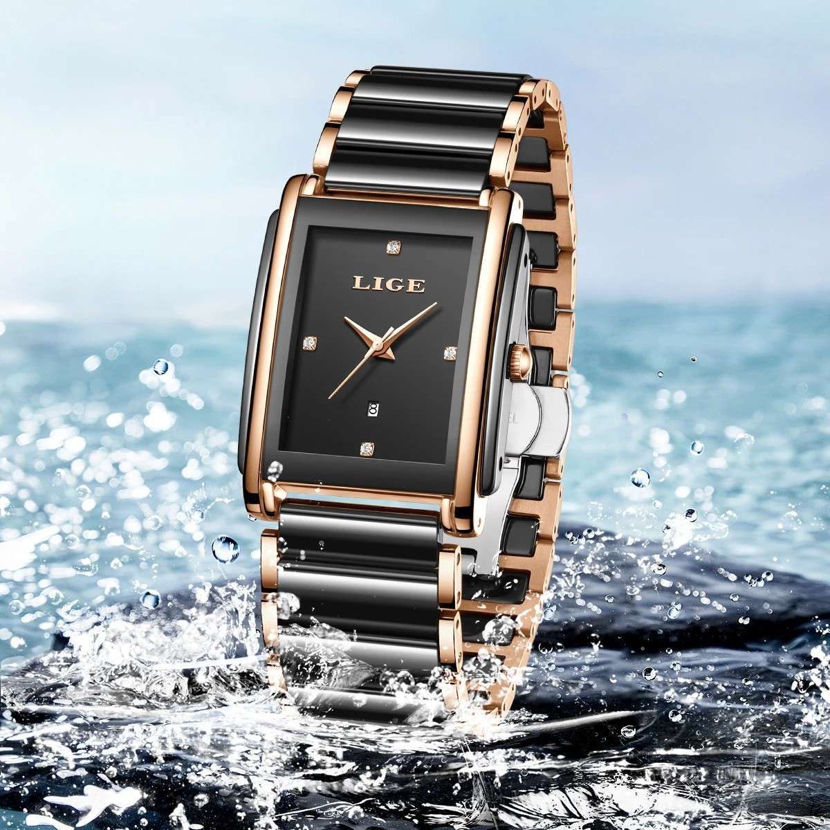 LIGE-89156 Watch Waterproof Fashion Creative Square Siramic Watch - Image 4