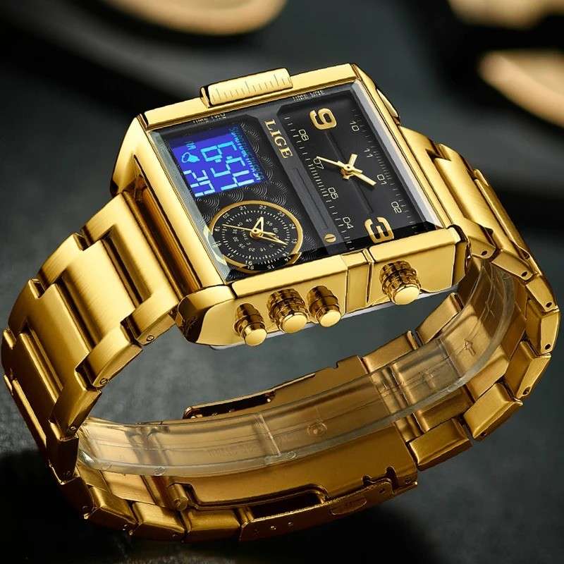 LIGE-8925 Golden Black Men's Luxury Dual Display Watch - Image 2